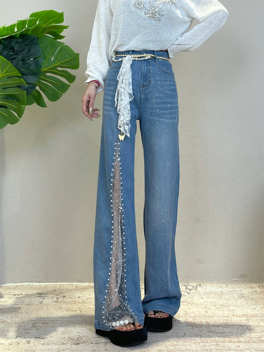 明玉纱依 亮钻珍珠高腰牛仔裤 Mingyu Shayi High-Waisted Jeans with Rhinestones and Pearl Embellishments
