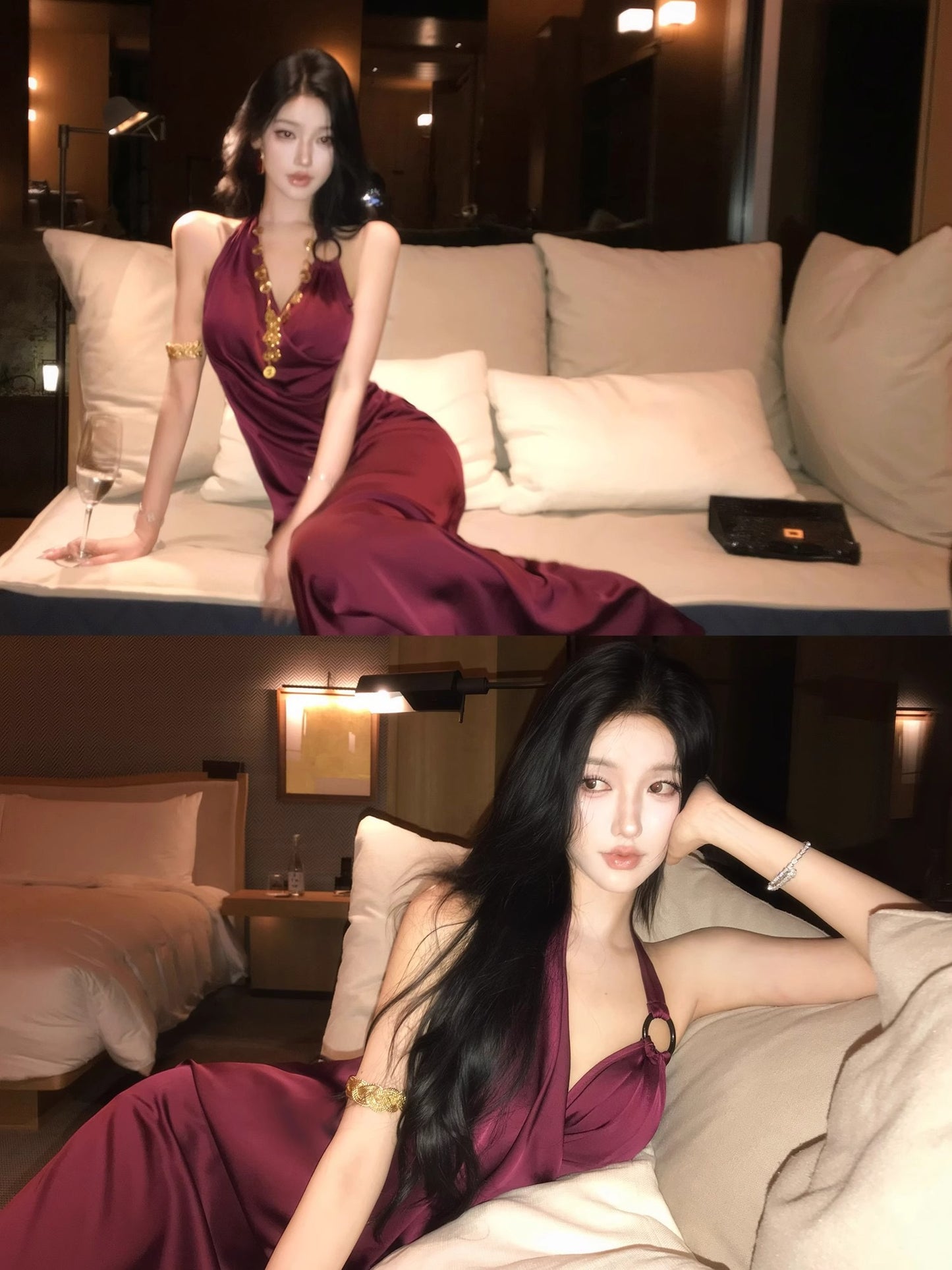 夜川轻昼 醋酸缎面红色连衣裙 Night River - Red Acetate Satin Dress