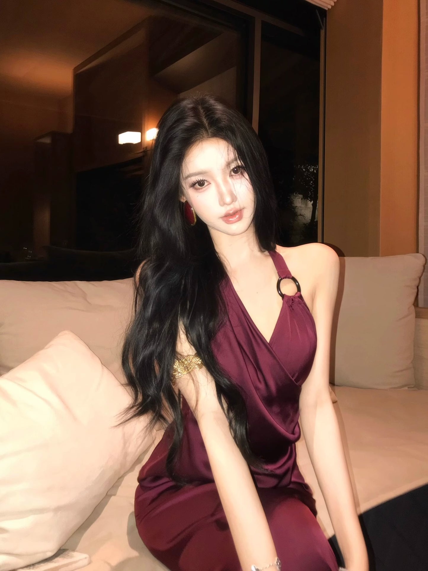 夜川轻昼 醋酸缎面红色连衣裙 Night River - Red Acetate Satin Dress