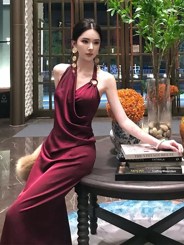 夜川轻昼 醋酸缎面红色连衣裙 Night River - Red Acetate Satin Dress