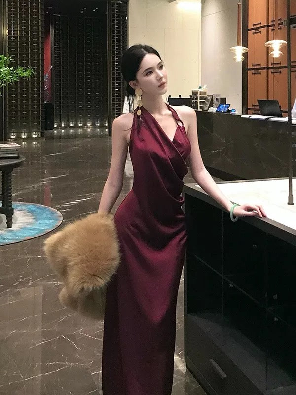 夜川轻昼 醋酸缎面红色连衣裙 Night River - Red Acetate Satin Dress