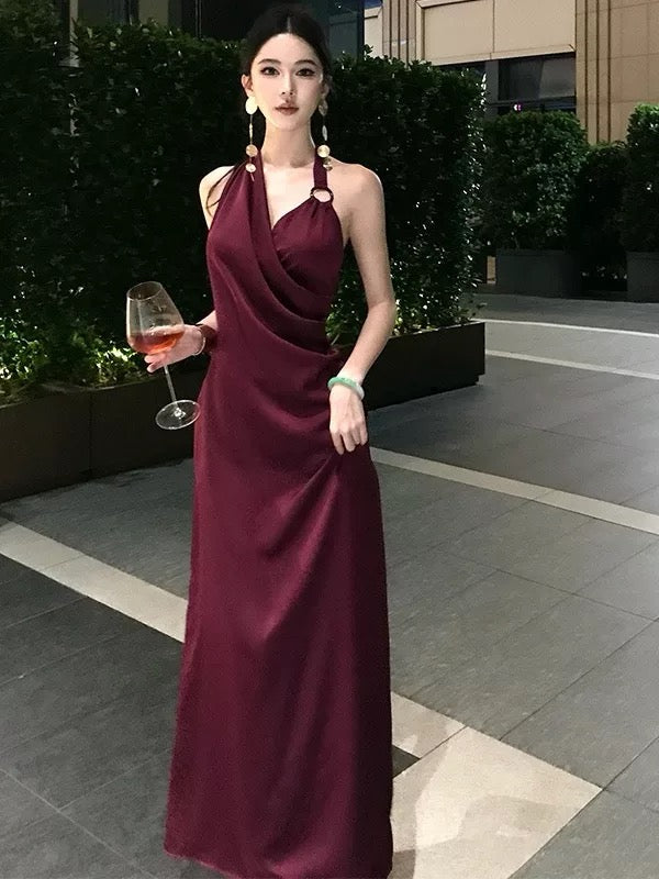 夜川轻昼 醋酸缎面红色连衣裙 Night River - Red Acetate Satin Dress