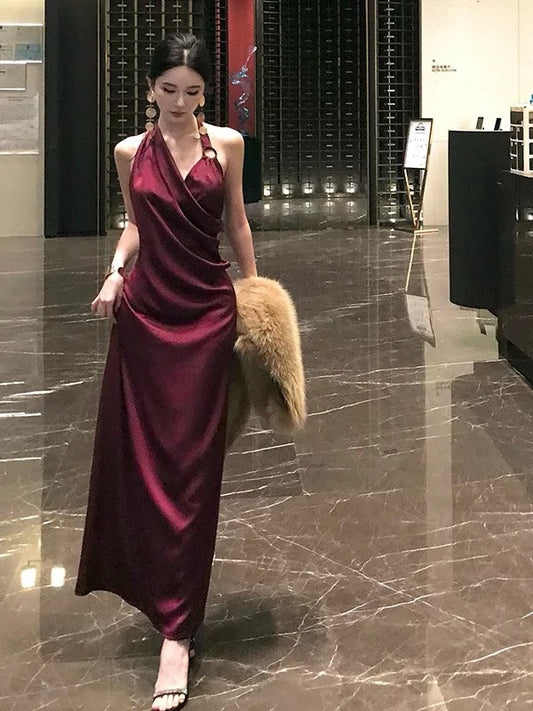 夜川轻昼 醋酸缎面红色连衣裙 Night River - Red Acetate Satin Dress