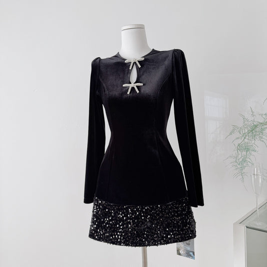 赫本千金 亮片丝绒黑色连衣裙 Hepburn Heiress Black Sequin Velvet Midi Dress