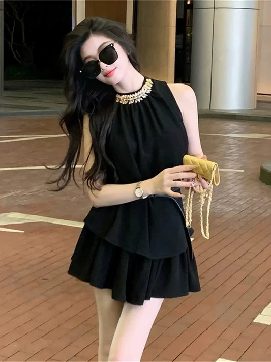 黑色魔法 法式闪钻重工挂脖套装 Black Magic French Rhinestone Halter Neck Set