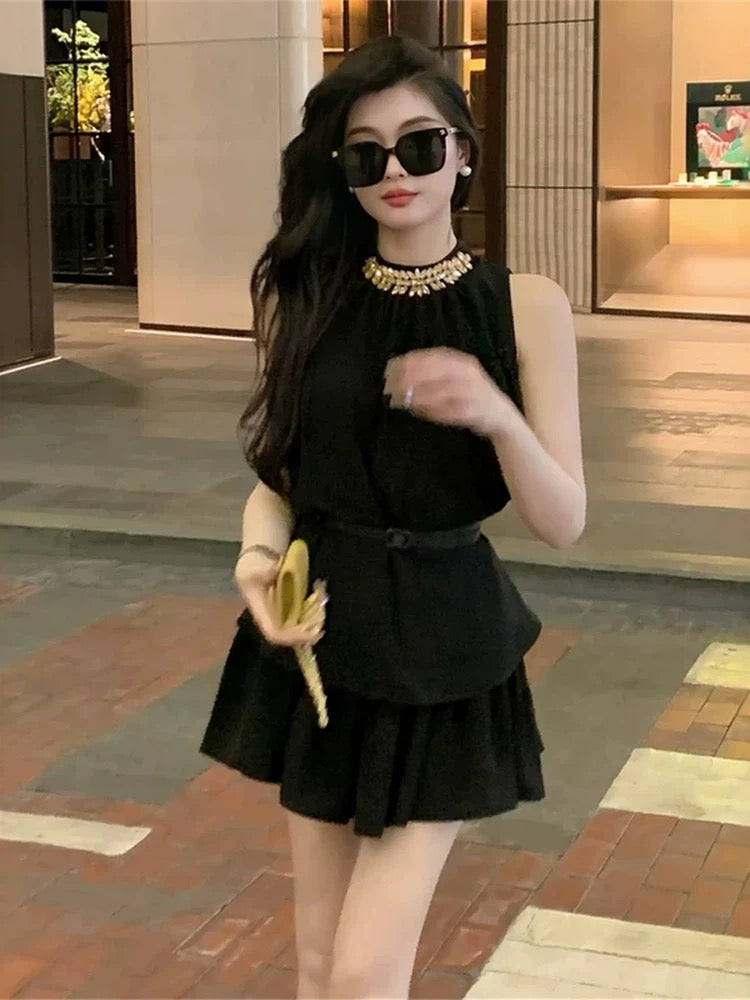 黑色魔法 法式闪钻重工挂脖套装 Black Magic French Rhinestone Halter Neck Set