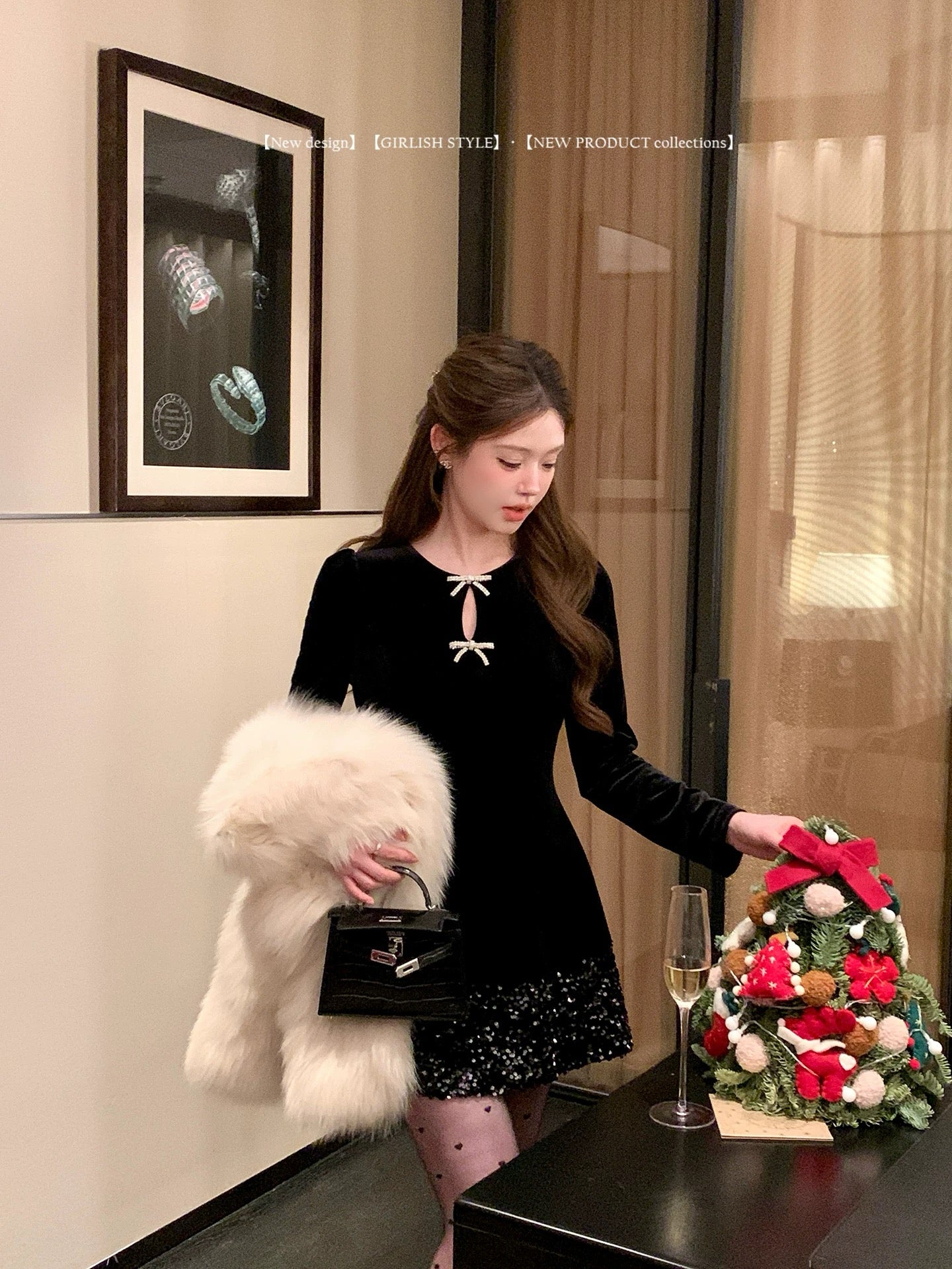 赫本千金 亮片丝绒黑色连衣裙 Hepburn Heiress Black Sequin Velvet Midi Dress