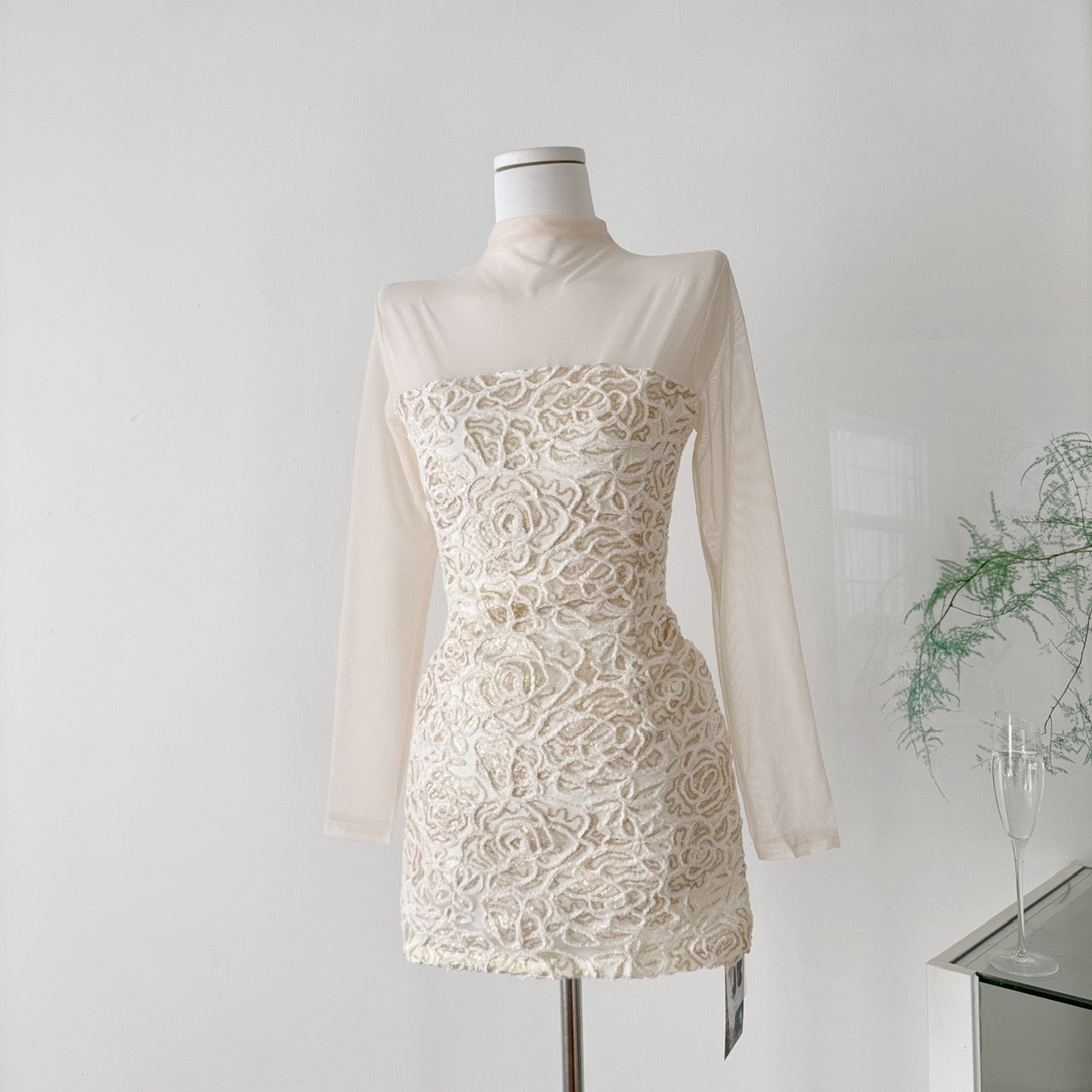 杏色玫瑰 亮片抹胸裙网纱连衣裙 Apricot Rose Sequin Strapless Tulle Dress