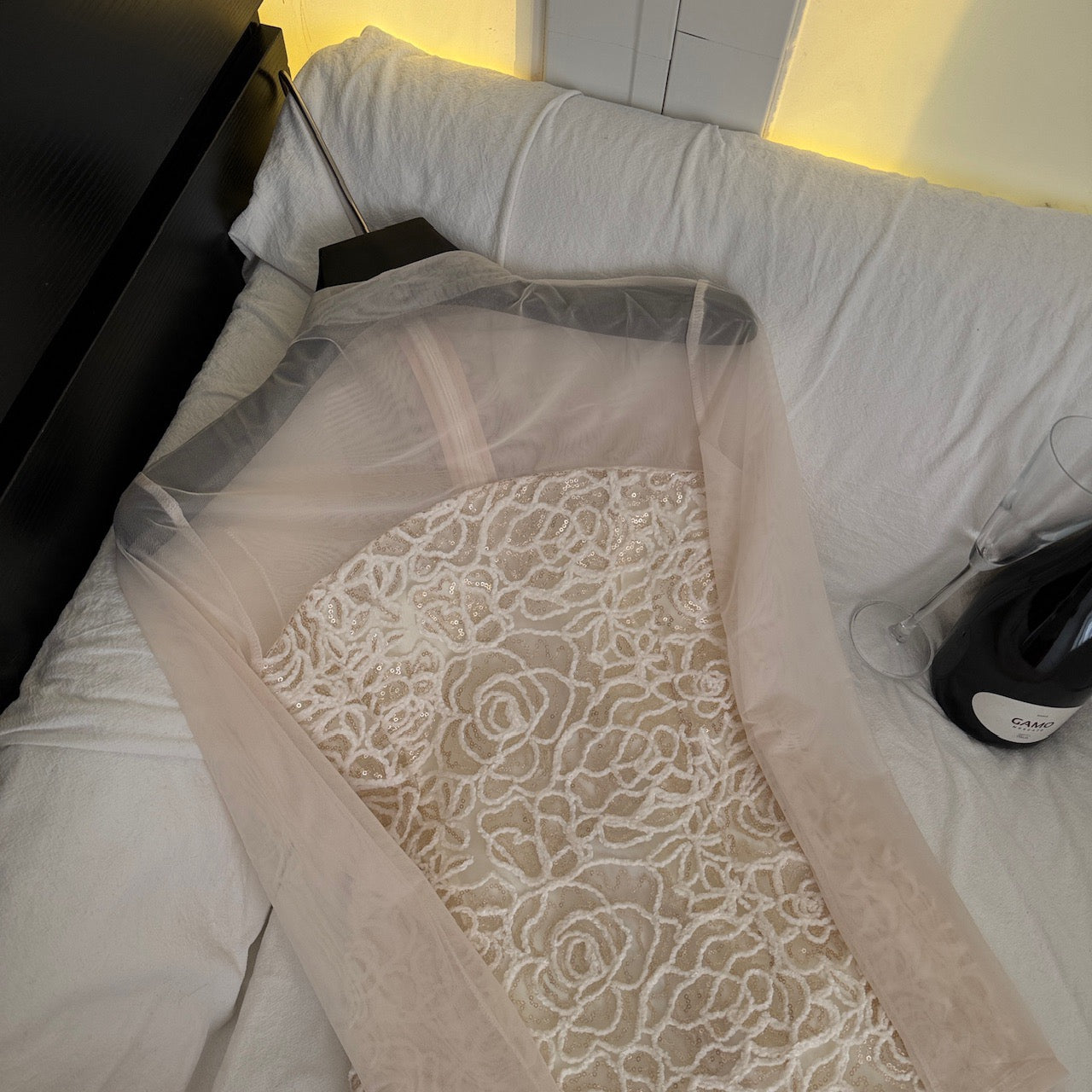 杏色玫瑰 亮片抹胸裙网纱连衣裙 Apricot Rose Sequin Strapless Tulle Dress