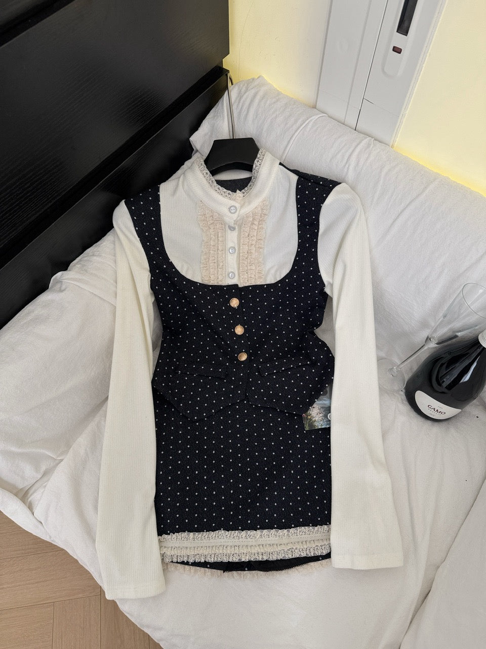 漫天星辰 假两件上衣长袖半裙长裤套装 Starry Sky Faux Two-Piece Long Sleeve Top & Skirt-Pants Set