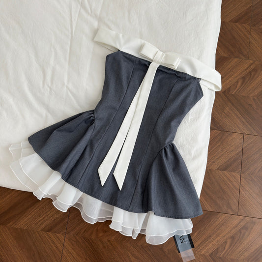 格雷系蝶 撞色一字肩抹胸连衣裙 Gray-Toned Butterfly Color-Block Off-Shoulder Strapless Dress