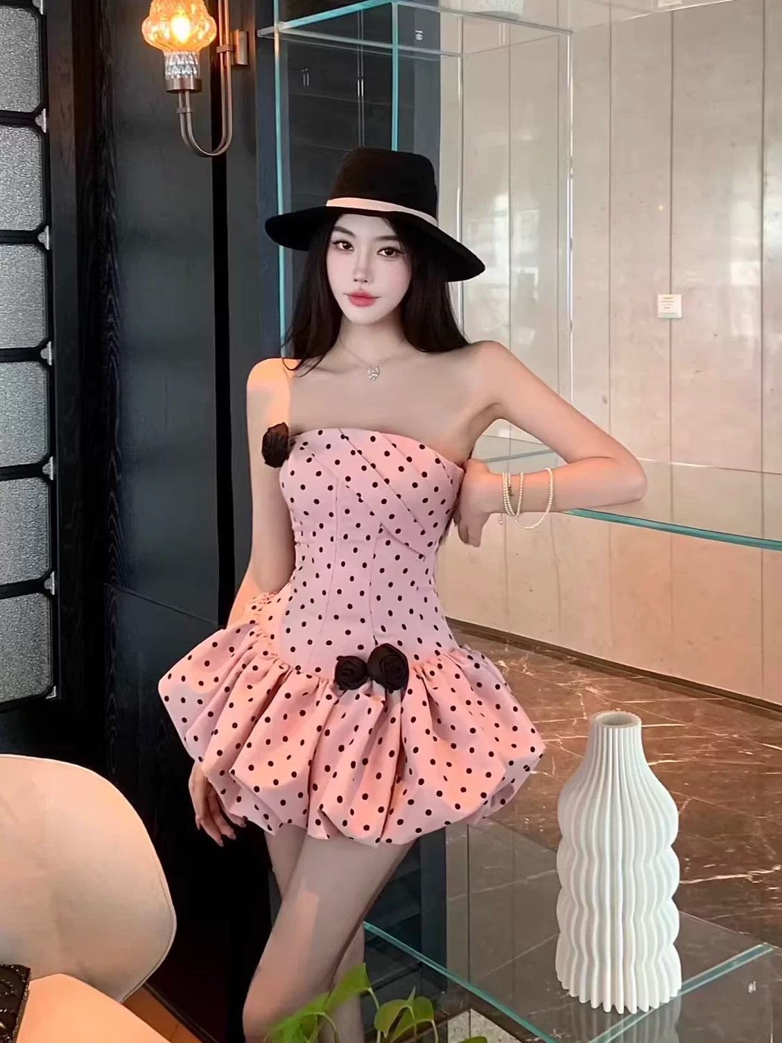 高品·日系流光 修身绑带波点鱼骨蓬蓬带胸垫连衣裙 Premium· Flowing Lights Fitted Lace-Up Polka Dot Bustier Tulle padded Dress