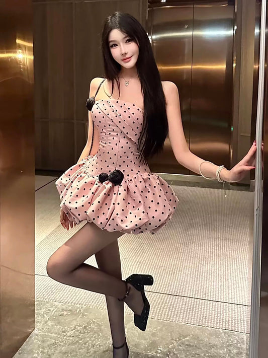 高品·日系流光 修身绑带波点鱼骨蓬蓬带胸垫连衣裙 Premium· Flowing Lights Fitted Lace-Up Polka Dot Bustier Tulle padded Dress