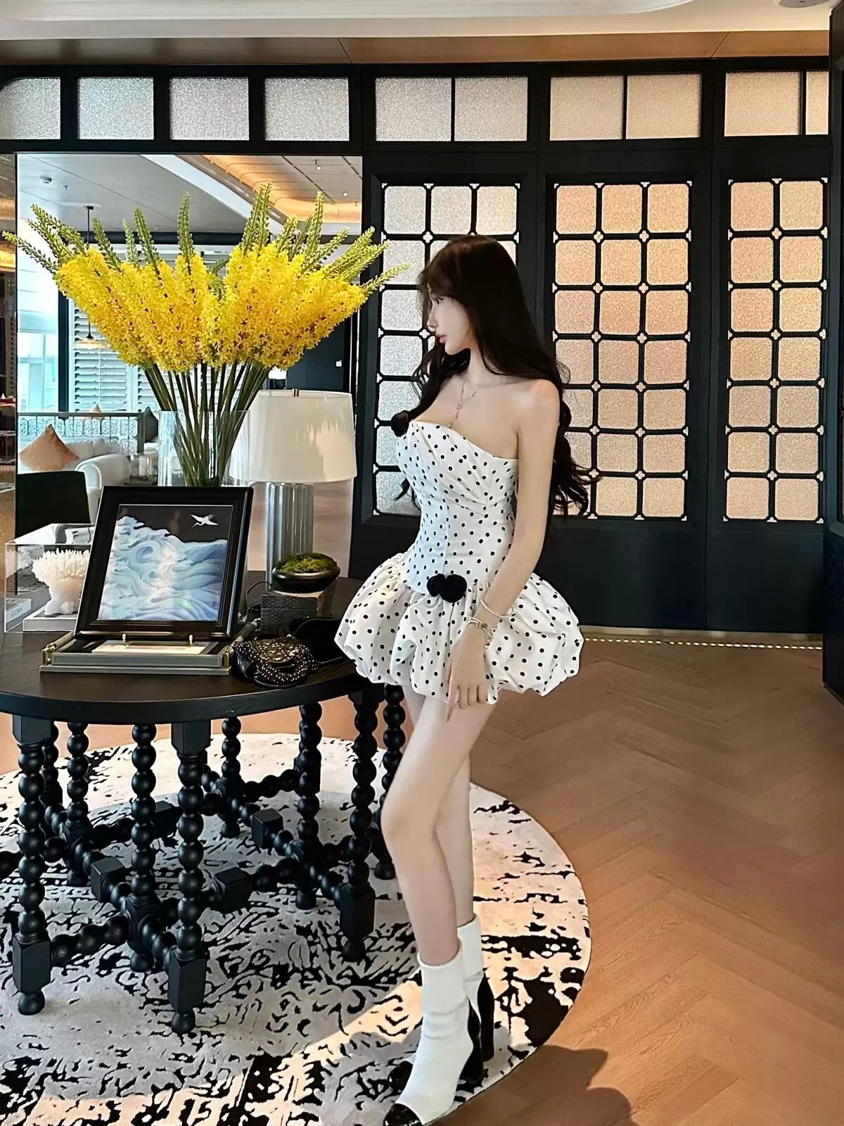 高品·日系流光 修身绑带波点鱼骨蓬蓬带胸垫连衣裙 Premium· Flowing Lights Fitted Lace-Up Polka Dot Bustier Tulle padded Dress