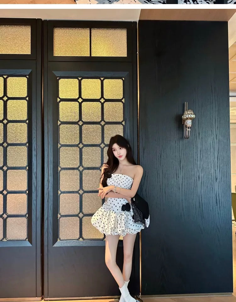 高品·日系流光 修身绑带波点鱼骨蓬蓬带胸垫连衣裙 Premium· Flowing Lights Fitted Lace-Up Polka Dot Bustier Tulle padded Dress