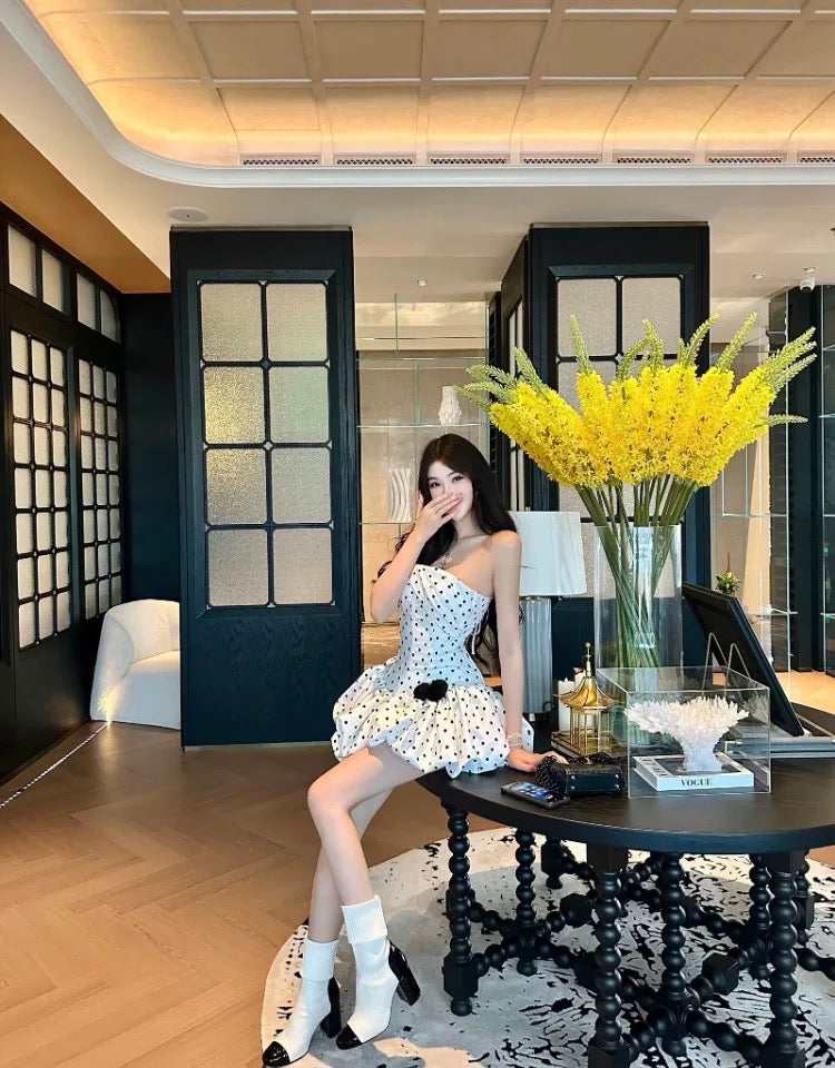 高品·日系流光 修身绑带波点鱼骨蓬蓬带胸垫连衣裙 Premium· Flowing Lights Fitted Lace-Up Polka Dot Bustier Tulle padded Dress