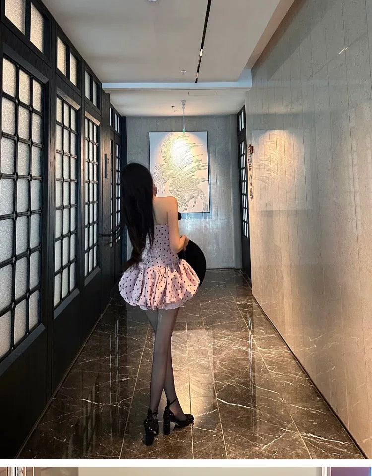 高品·日系流光 修身绑带波点鱼骨蓬蓬带胸垫连衣裙 Premium· Flowing Lights Fitted Lace-Up Polka Dot Bustier Tulle padded Dress