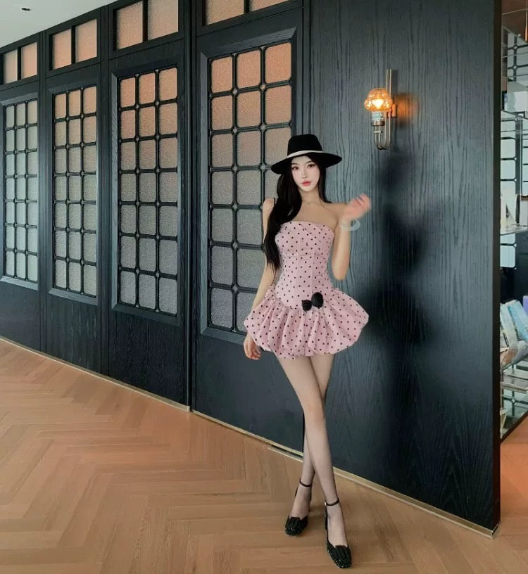 高品·日系流光 修身绑带波点鱼骨蓬蓬带胸垫连衣裙 Premium· Flowing Lights Fitted Lace-Up Polka Dot Bustier Tulle padded Dress