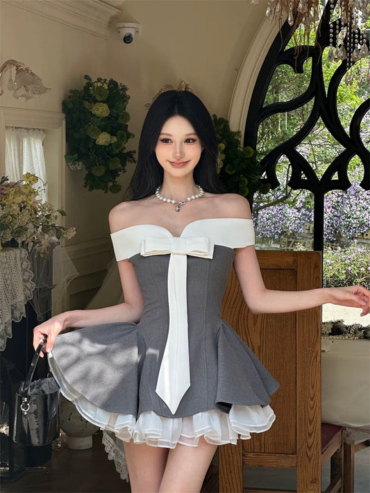 格雷系蝶 撞色一字肩抹胸连衣裙 Gray-Toned Butterfly Color-Block Off-Shoulder Strapless Dress