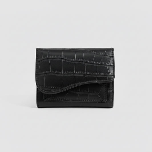 Noire Croc-Embossed Flap Wallet — Black