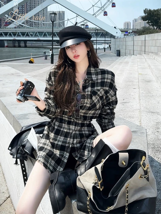 黑咖炭格 复古秋冬慵懒风格子衬衫 Black & Coffee Plaid Vintage Relaxed-Fit Shirt