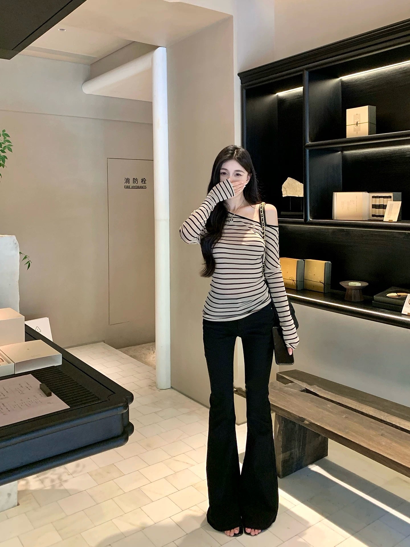 莱赛尔条纹 秋冬上衣吊带连衣裙套装 Lyocell Striped Off-Shoulder Top & Cami Dress Set