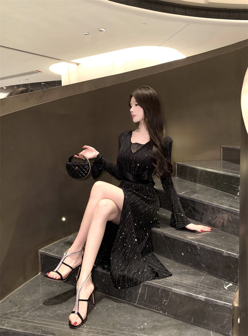 Nightfall Elegance · Crystal-Embellished Slit Black Dress