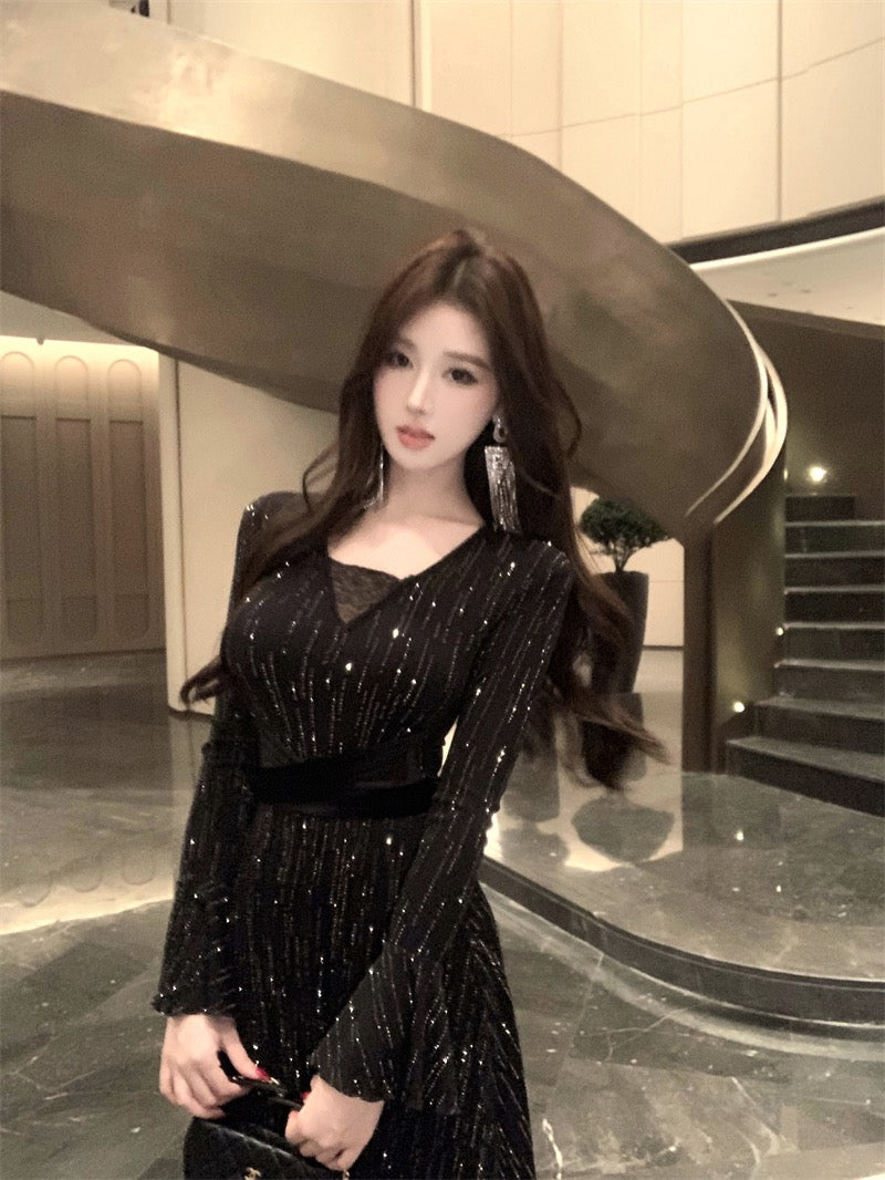 Nightfall Elegance · Crystal-Embellished Slit Black Dress