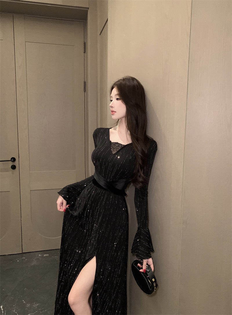 Nightfall Elegance · Crystal-Embellished Slit Black Dress