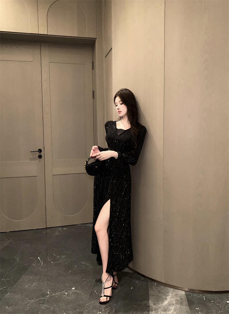Nightfall Elegance · Crystal-Embellished Slit Black Dress