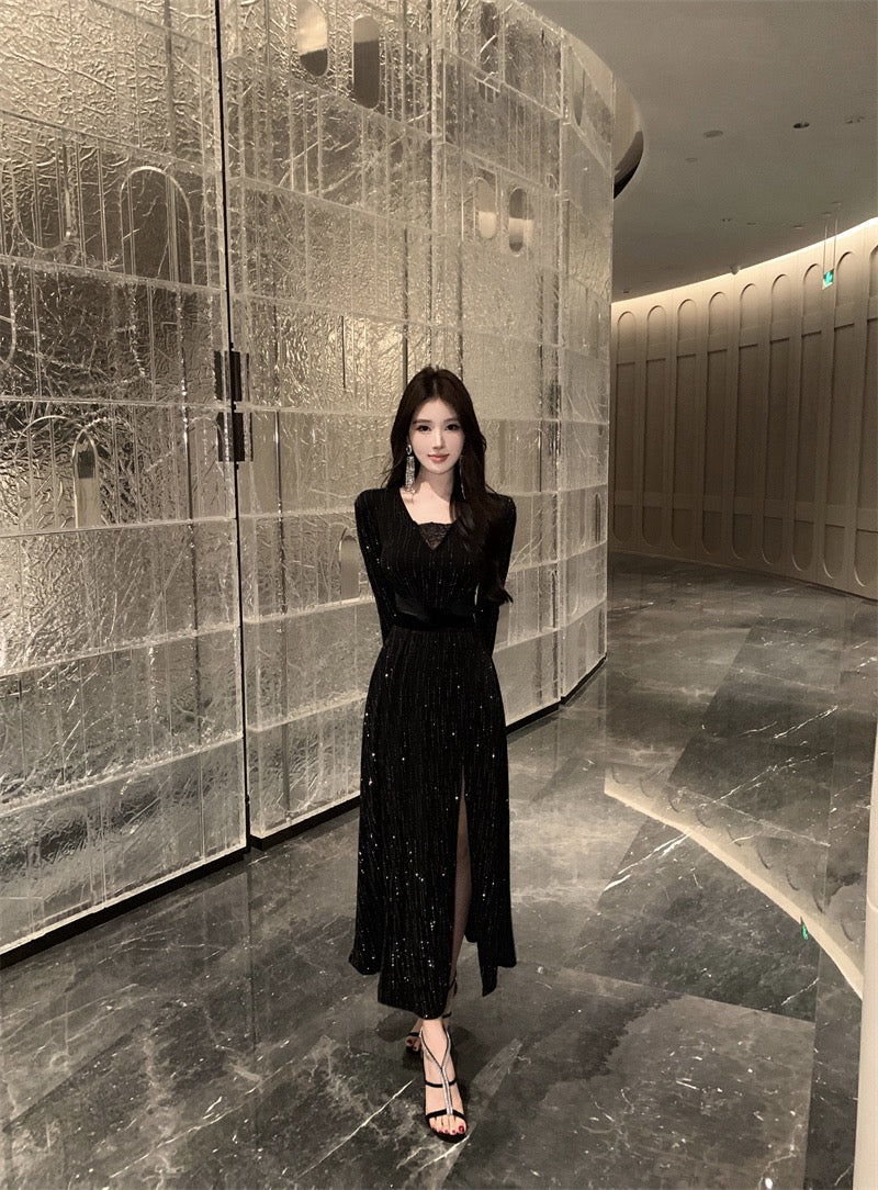 Nightfall Elegance · Crystal-Embellished Slit Black Dress