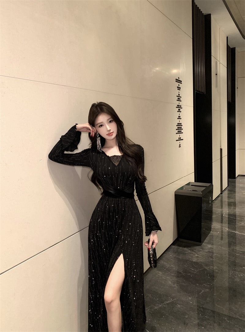 Nightfall Elegance · Crystal-Embellished Slit Black Dress
