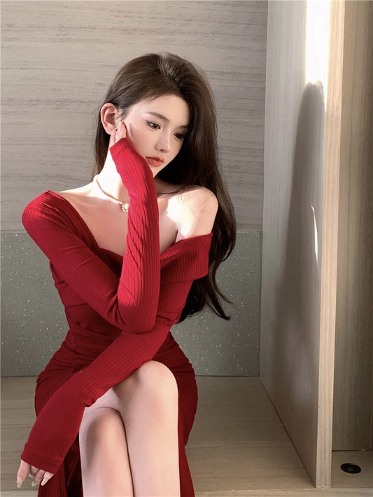 Twilight Jade · Off-Shoulder Long-Sleeve Knit Dress - Black