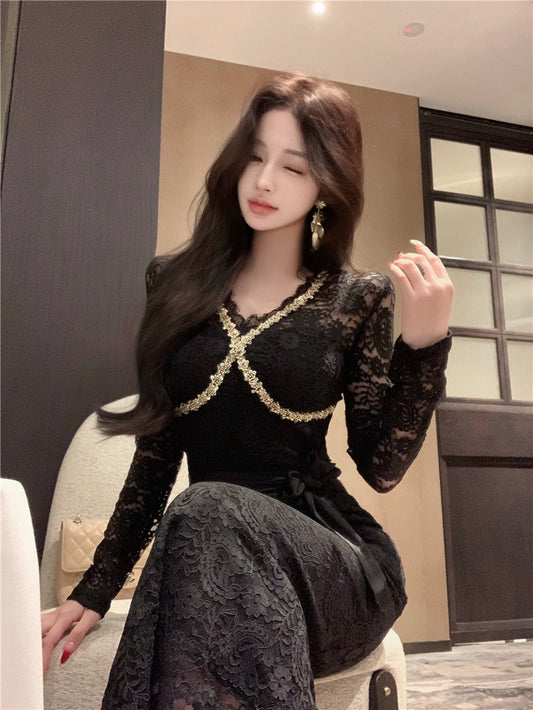 Moonlight Dress · V-Neck Heavily Sequined Long-Sleeve Lace Mermaid Dress - Long