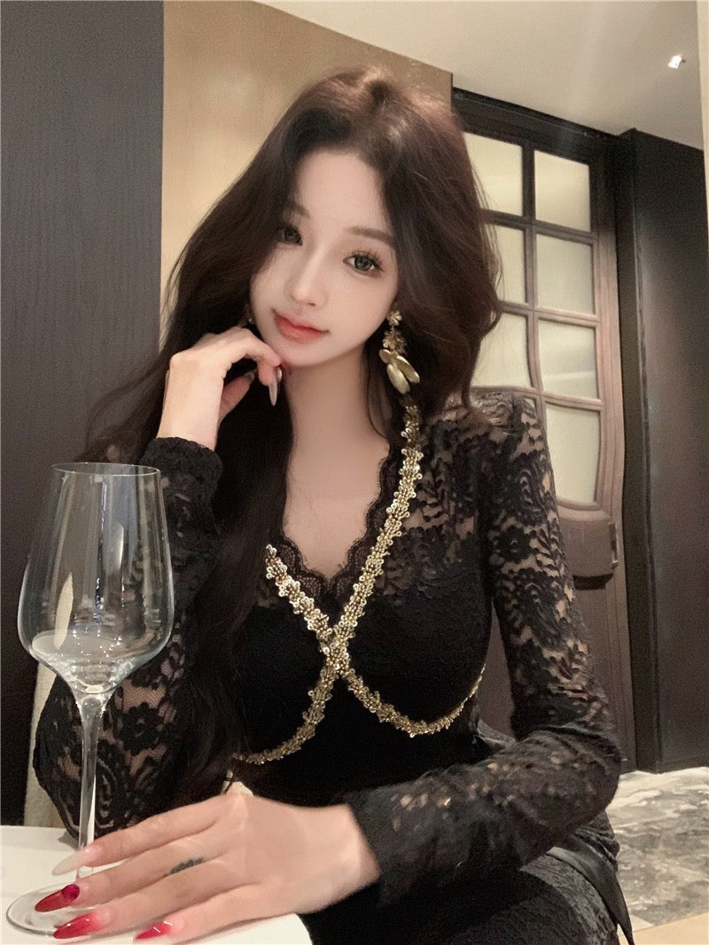 Moonlight Dress · V-Neck Heavily Sequined Long-Sleeve Lace Mermaid Dress - Short