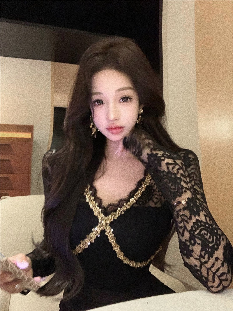 Moonlight Dress · V-Neck Heavily Sequined Long-Sleeve Lace Mermaid Dress - Short