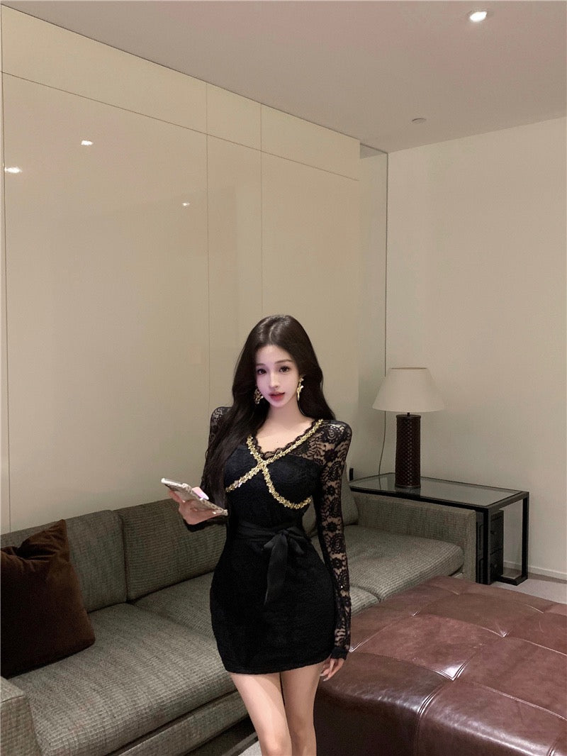 Moonlight Dress · V-Neck Heavily Sequined Long-Sleeve Lace Mermaid Dress - Short