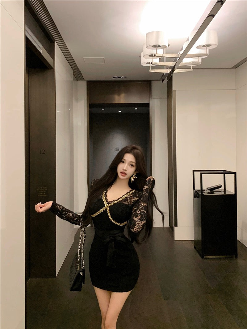 Moonlight Dress · V-Neck Heavily Sequined Long-Sleeve Lace Mermaid Dress - Short