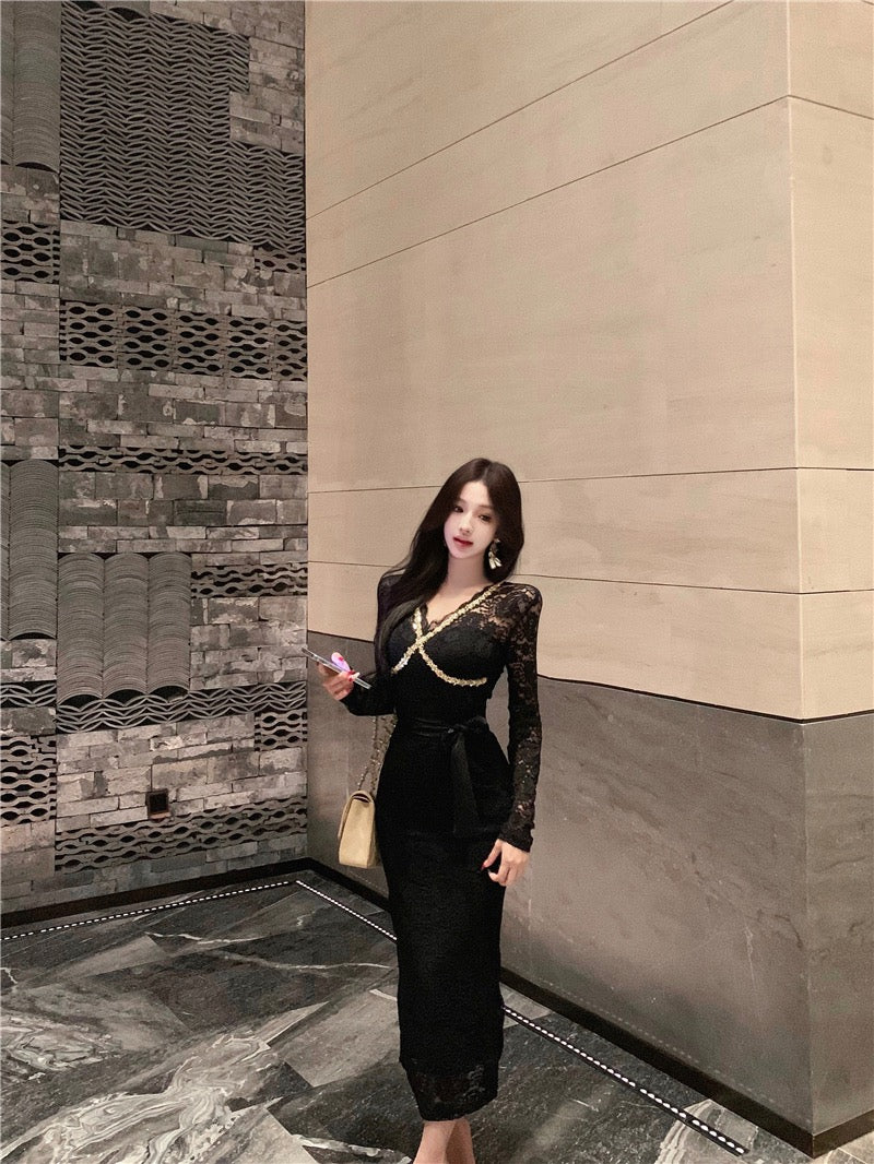 Moonlight Dress · V-Neck Heavily Sequined Long-Sleeve Lace Mermaid Dress - Short