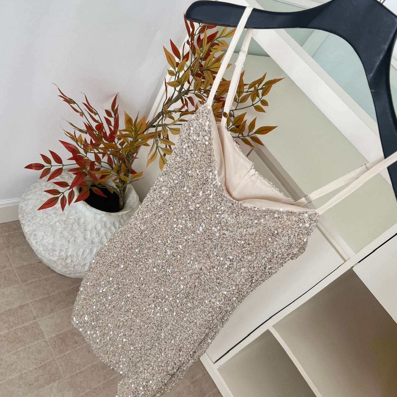 Starry Glamour · Silver Sequin Spaghetti-Strap Sexy Dress