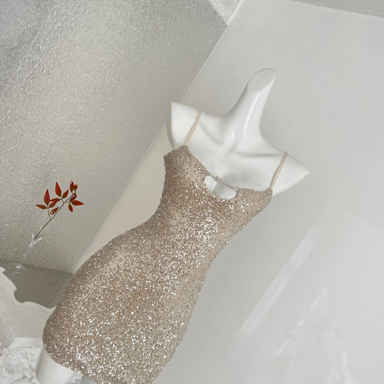 Starry Glamour · Silver Sequin Spaghetti-Strap Sexy Dress