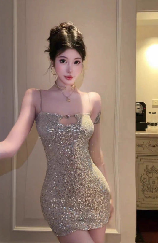 Starry Glamour · Silver Sequin Spaghetti-Strap Sexy Dress