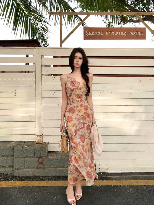 落霞 复古印花雪纺V领荷叶边鱼尾连衣裙 Sunset Vintage Floral Chiffon V-Neck Ruffle Mermaid Dress