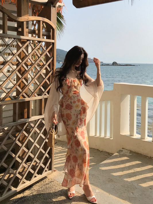 落霞 复古印花雪纺V领荷叶边鱼尾连衣裙 Sunset Vintage Floral Chiffon V-Neck Ruffle Mermaid Dress