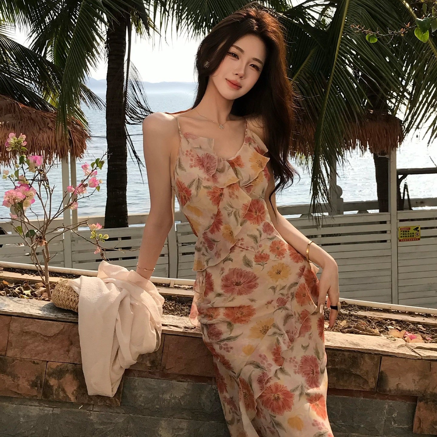 落霞 复古印花雪纺V领荷叶边鱼尾连衣裙 Sunset Vintage Floral Chiffon V-Neck Ruffle Mermaid Dress