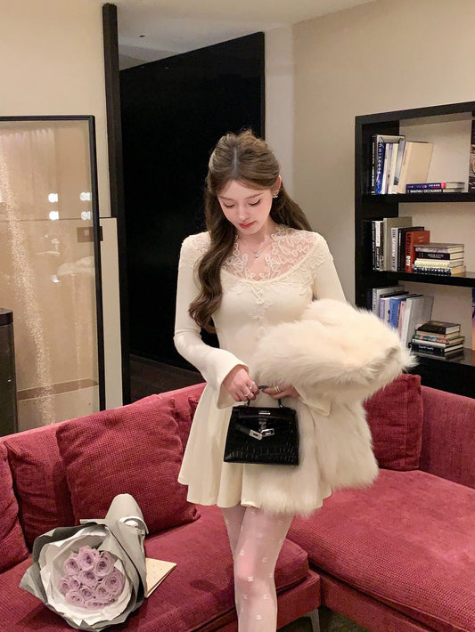 French Softness · Lace Knit White Inner Dress - Short