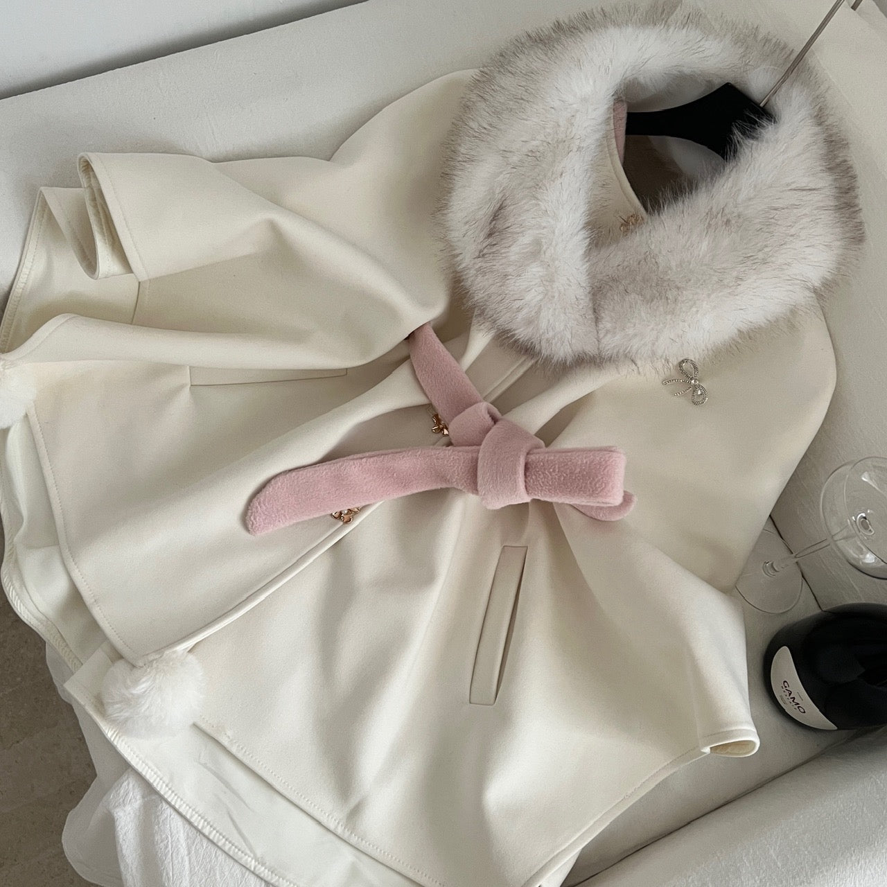 Overseas Heiress · Winter Thick Cape with Fur Collar & Belted Skirt Set