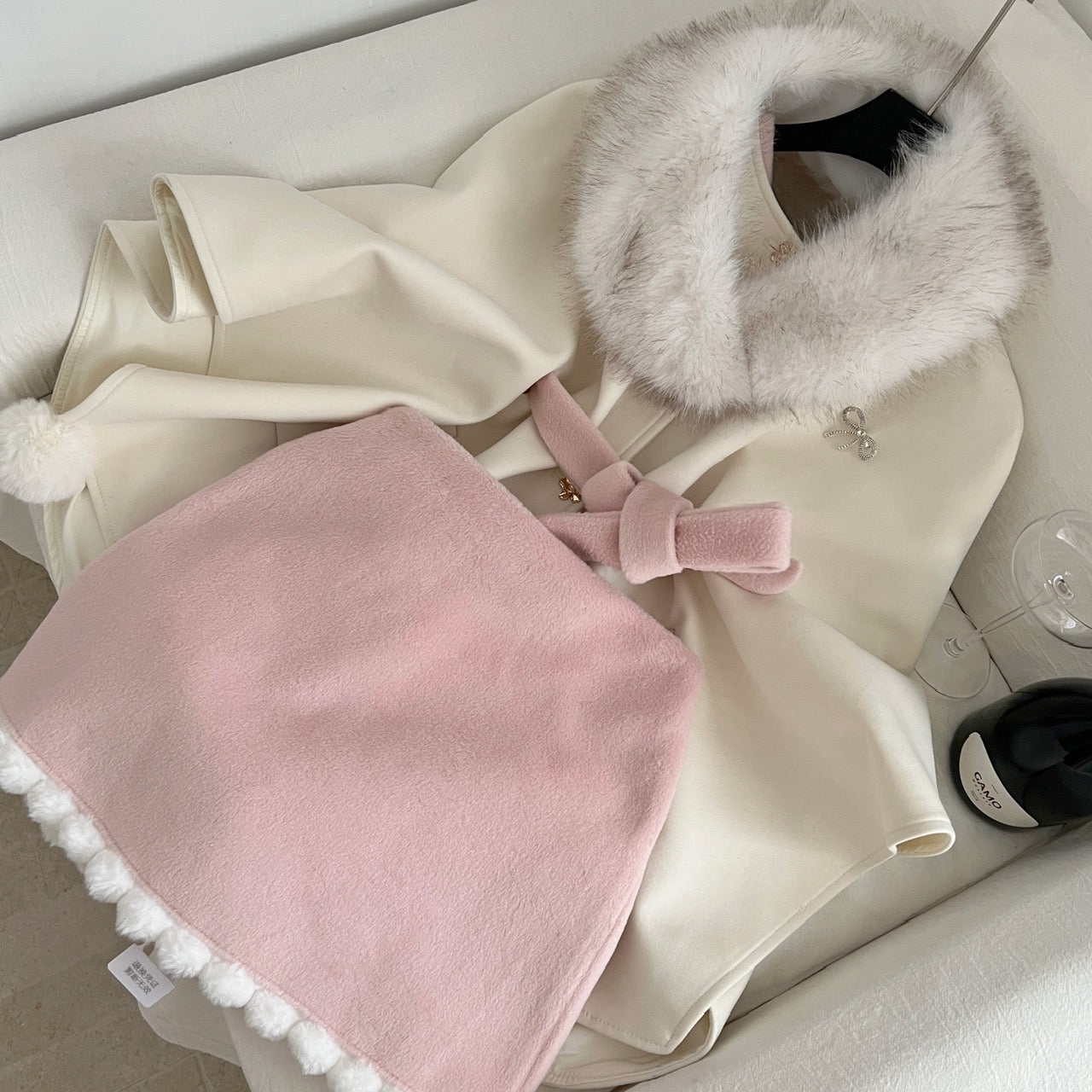 Overseas Heiress · Winter Thick Cape with Fur Collar & Belted Skirt Set