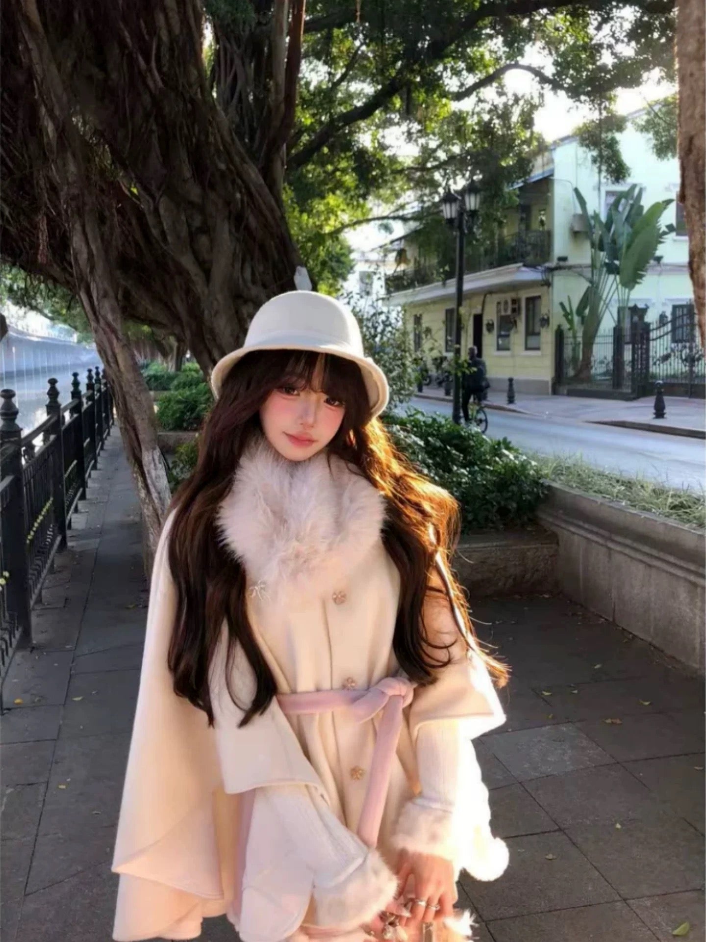 Overseas Heiress · Winter Thick Cape with Fur Collar & Belted Skirt Set