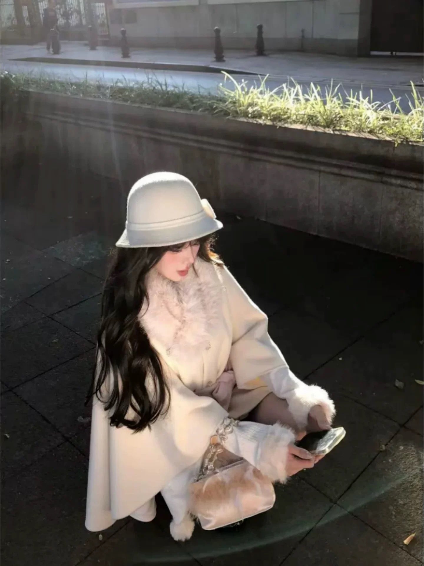 Overseas Heiress · Winter Thick Cape with Fur Collar & Belted Skirt Set